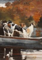 A painting of dogs in a boat
