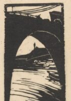 black and white print of a bridge over a river